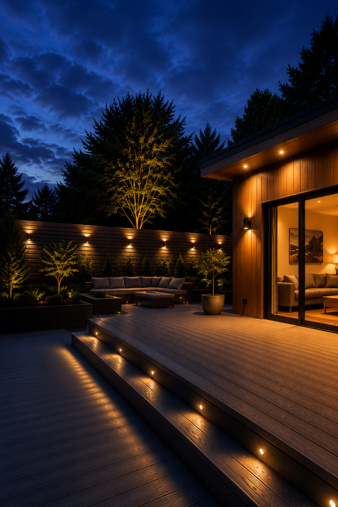 Outdoor wooden deck at dusk with warm LED step lights, a sectional sofa, planters, and trees; interior living space glowing through sliding doors.