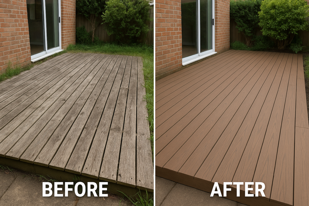 Comparison of a run-down timber deck and a new composite deck